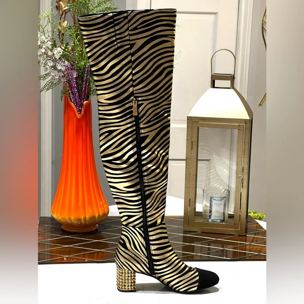 Kurt Geiger London Mayfair Zebra Metallic Gold Over The Knee OTK Boot 36.5 NWT